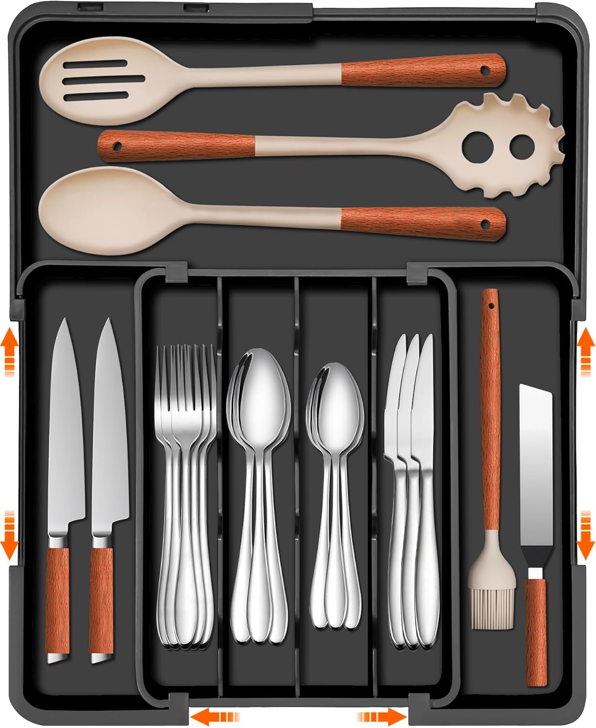 Silverware Organizer Expandable Utensil Drawer Organizer Adjustable Silverware Drawer Organizer, Flatware Cutlery Tray for Spoons Forks Knives Kitchen Organizers Storage,Black