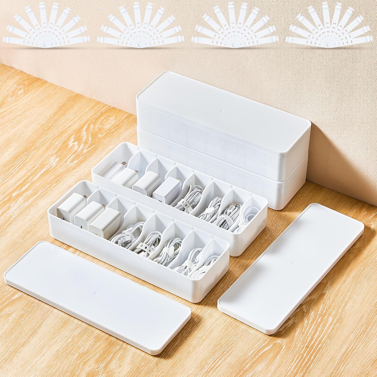 Tatuo 4 Pcs Cable Organizer with 40 Wire Ties, White Plastic Cord Charger Storage Box with White Lid for Home Office Desk Organization and Accessories