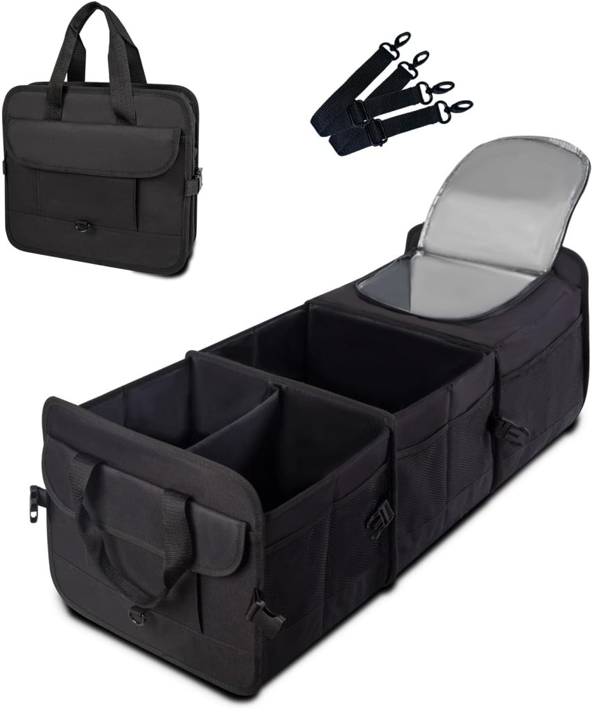 Trunk Organizer for SUV with cooler bag, Collapsible Multi-Compartment Car Organizers Foldable 600D Oxford Polyester (black-upgrade)