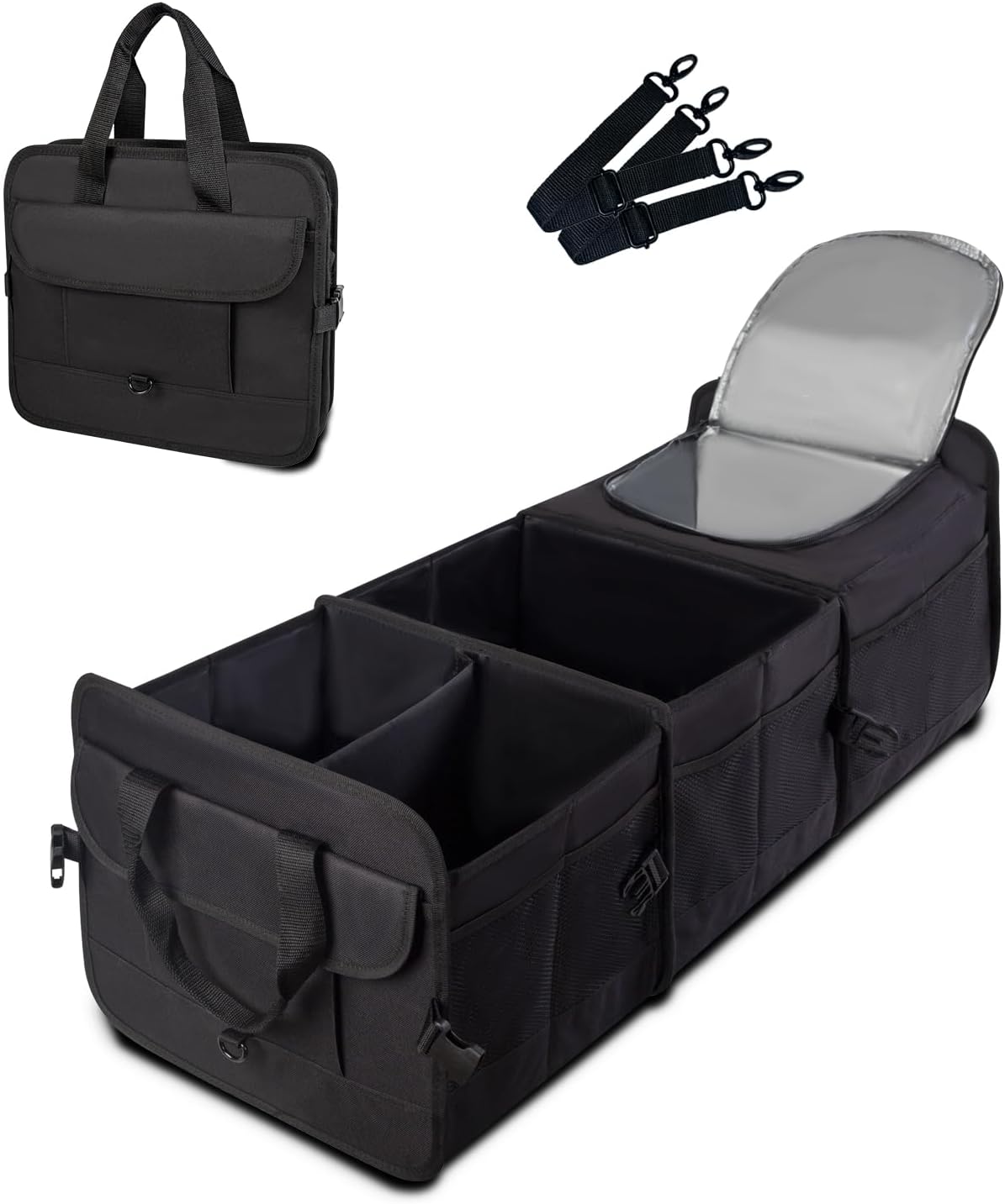 Trunk Organizer for SUV with cooler bag, Collapsible Multi-Compartment Car Organizers Foldable 600D Oxford Polyester (black-upgrade)
