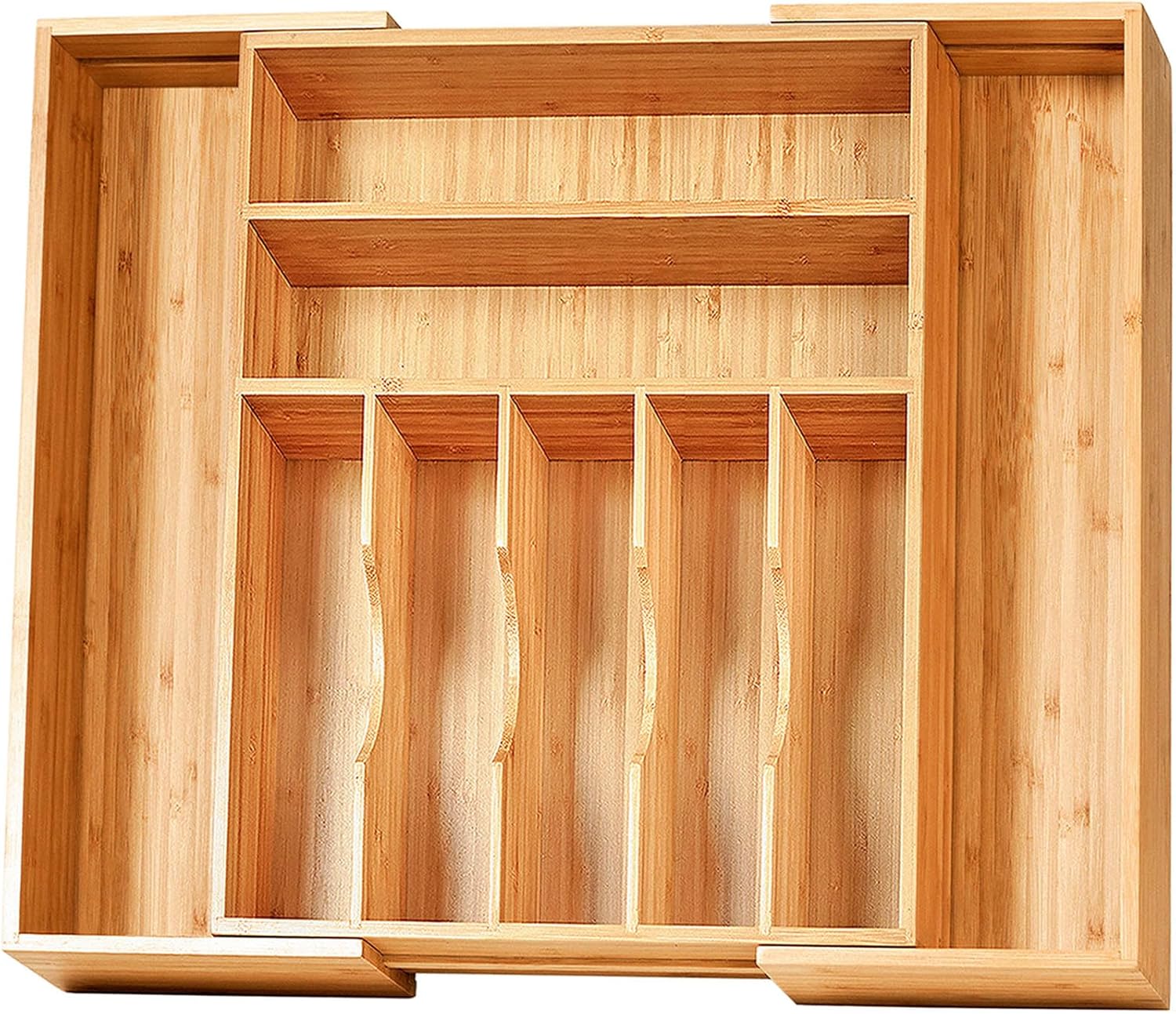 Umilife Large Expandable Kitchen Silverware Utensils Drawer Organizer, 2.5" Extra High Adjustable Drawer Divider with Curved Grooves, Bamboo Wood Cutlery Tray Flatware Holder