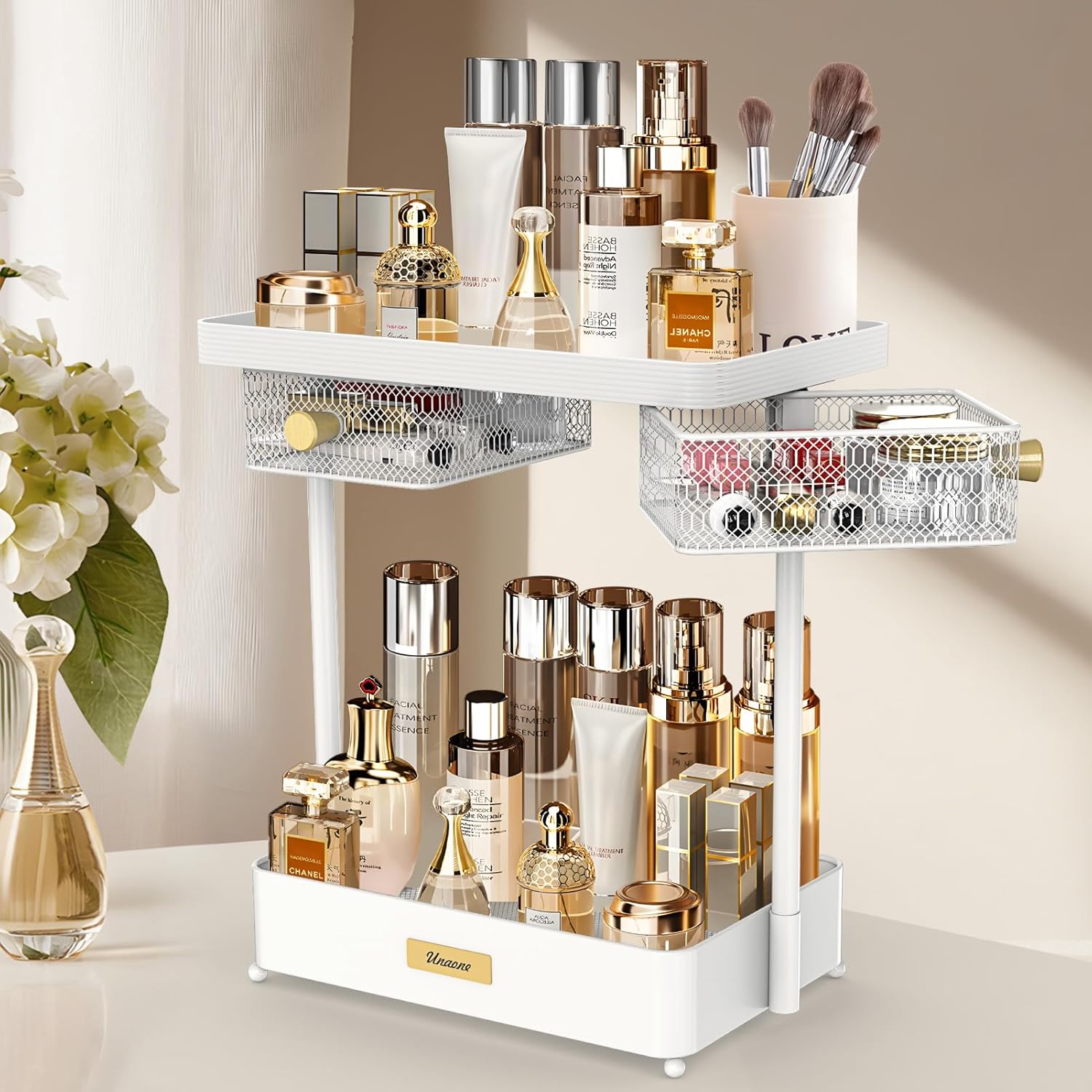Unaone Makeup Organizer Countertop - 2 Tier Skincare Organizer with 2 Rotating Drawers, Versatile Cosmetic Display Cases Perfume Organizer for Vanity Bathroom Countertop, Ideal Gifts for Women (White)