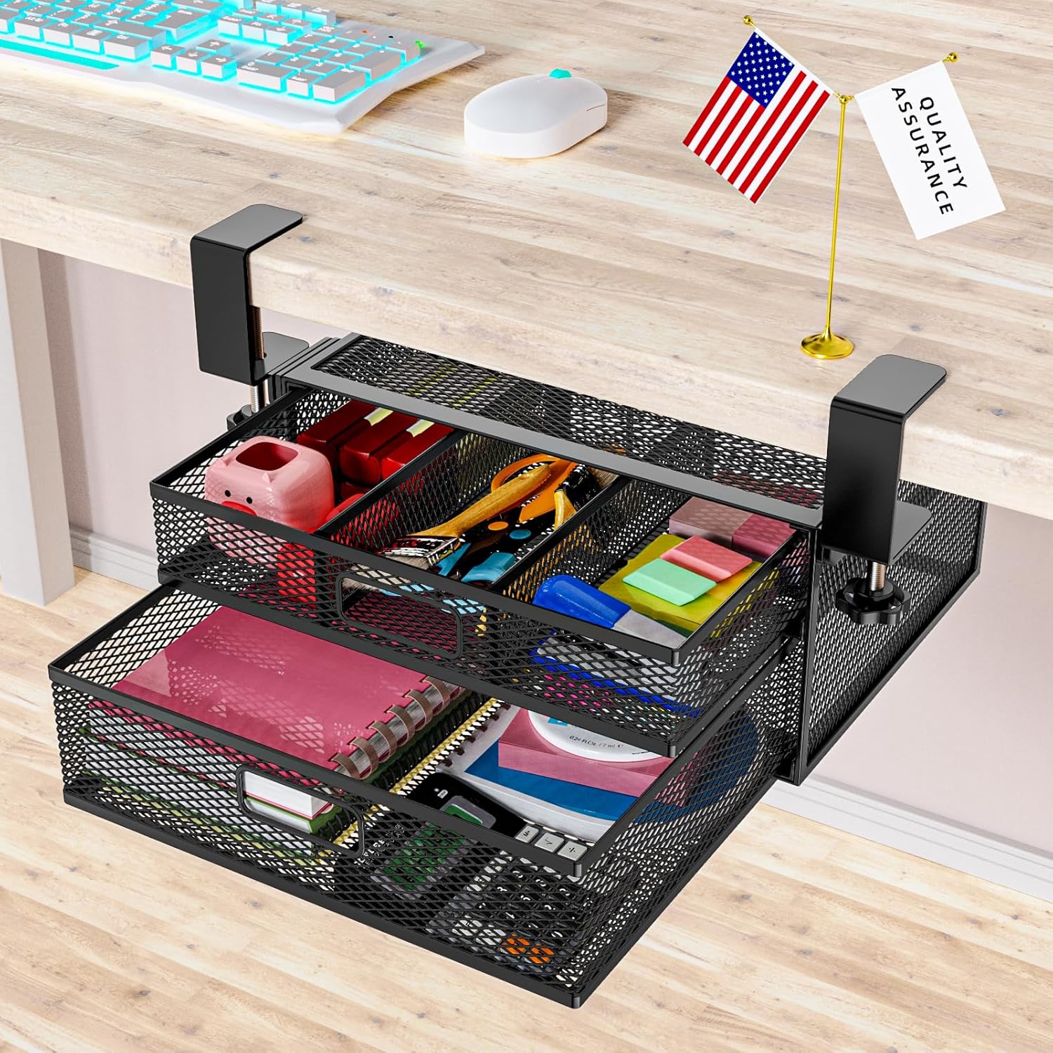 Under Desk Drawer Organizer No Drill Metal Under Desk Storage Drawer Container 2 Slide Out Cabinet Drawer Suitable for Home And Office (Medium)