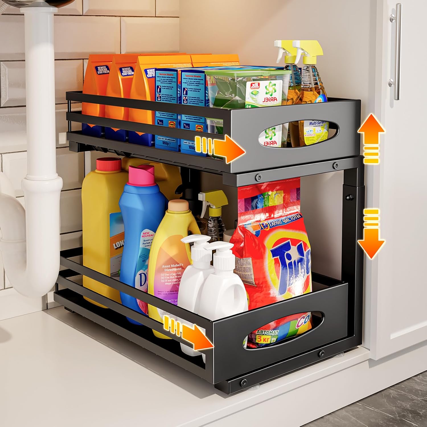 Under Sink Organizer, Pull Out Cabinet Organizers, Slide Sink Steel Shelf Cabinet Storage Shelves, Under Sink Storage for Kitchen Bathroom Cabinet (Black, 1 Pack)