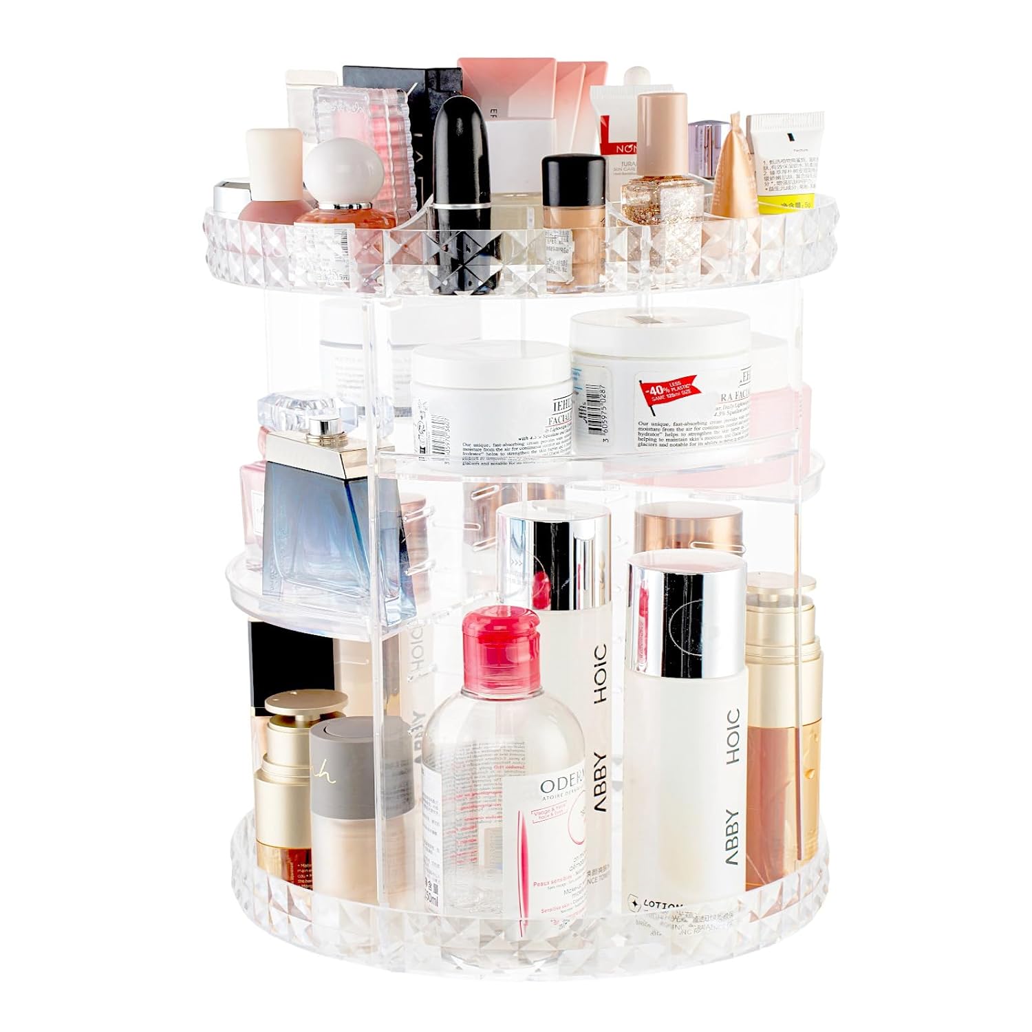 V-HANVER 360 Rotating Makeup Organizer Perfume Organizer Clear Cosmetic Storage Display Case Large Capacity Acrylic Beauty Holder Adjustable Partition Height for Bedroom Dresser or Bathroom Vanity