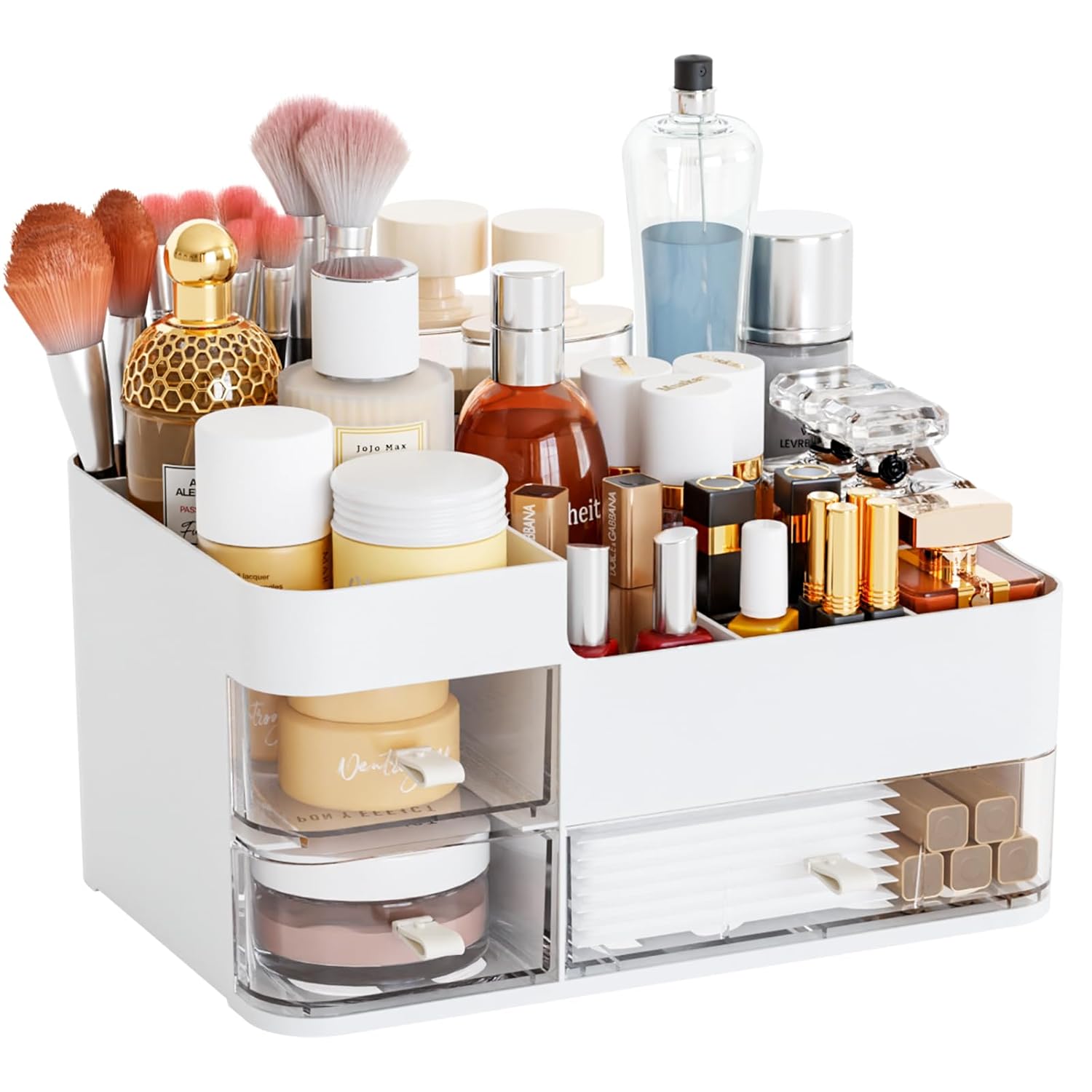 White Makeup Countertop Organizer,Large Capacity Make up Organizers for Vanity with 3 Drawer,Plastic Bathroom Skincare Organizers for Eyeshadow,Brush,Palettes,Perfume,Beauty Products,Skin Care Storage