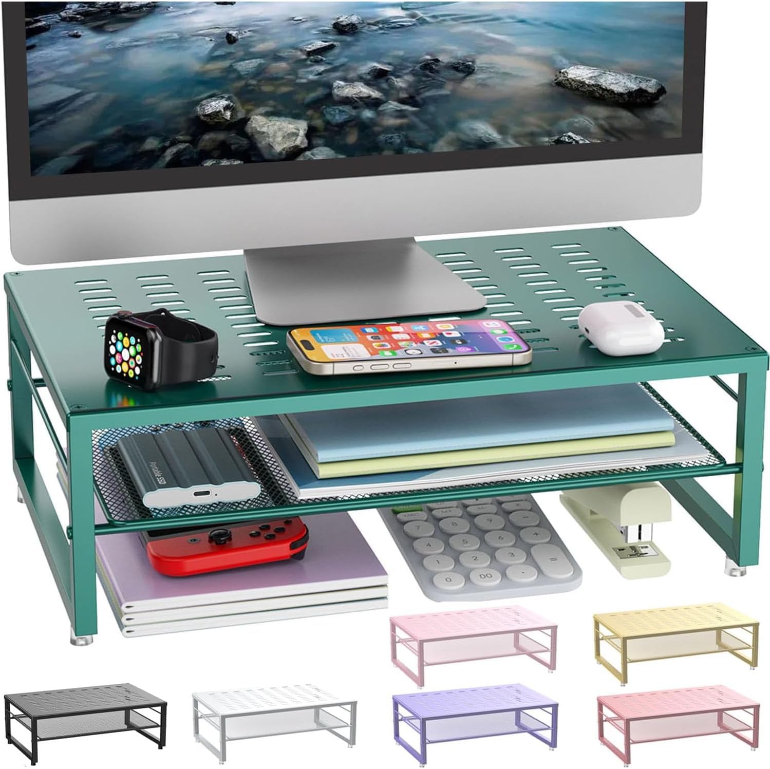 gianotter 2-Tier Metal Monitor Stand Riser, Desk Organizer for Monitor, Office Desk Storage Organizer for Office Supplies (Dark Green)