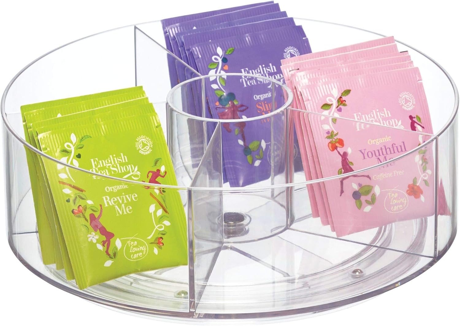 iDesign Cabinet Binz Divided Rotating Turntable Tea Packet Organizer, 9" x 9" x 3.01", Clear