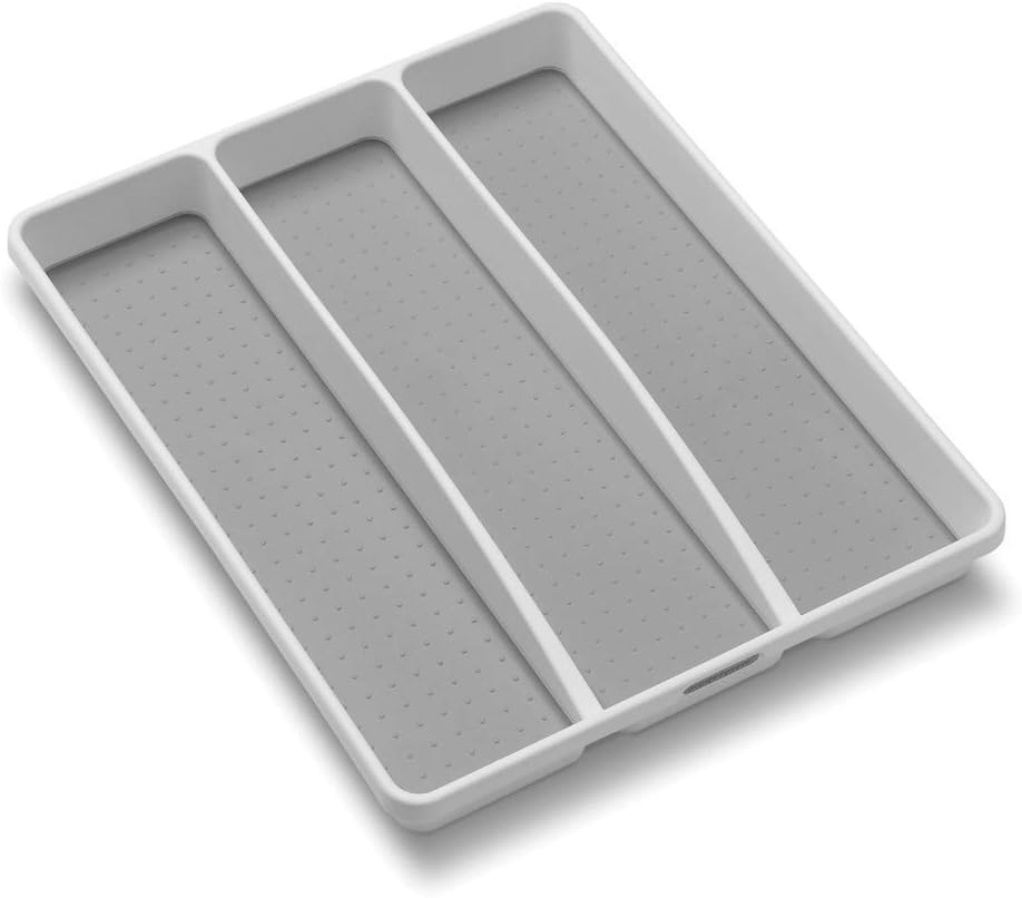 madesmart Classic Large Utensil Tray, Soft Grip, Non-Slip Kitchen Drawer Organizer, 3 Compartments, Multi-Purpose Home Organization, BPA Free, White