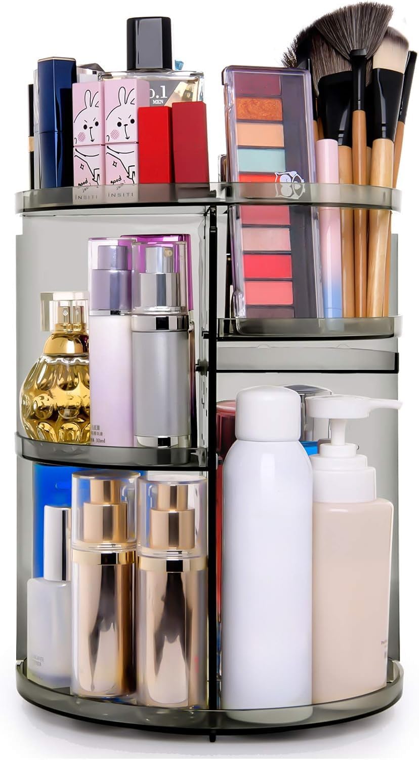 sanipoe 360 Rotating Makeup Organizer, Spinning Skincare Organizer,Cosmetic Display Case with Brush Holder Perfume Tray, Multi-Function Storage Carousel for Vanity Bathroom Countertop