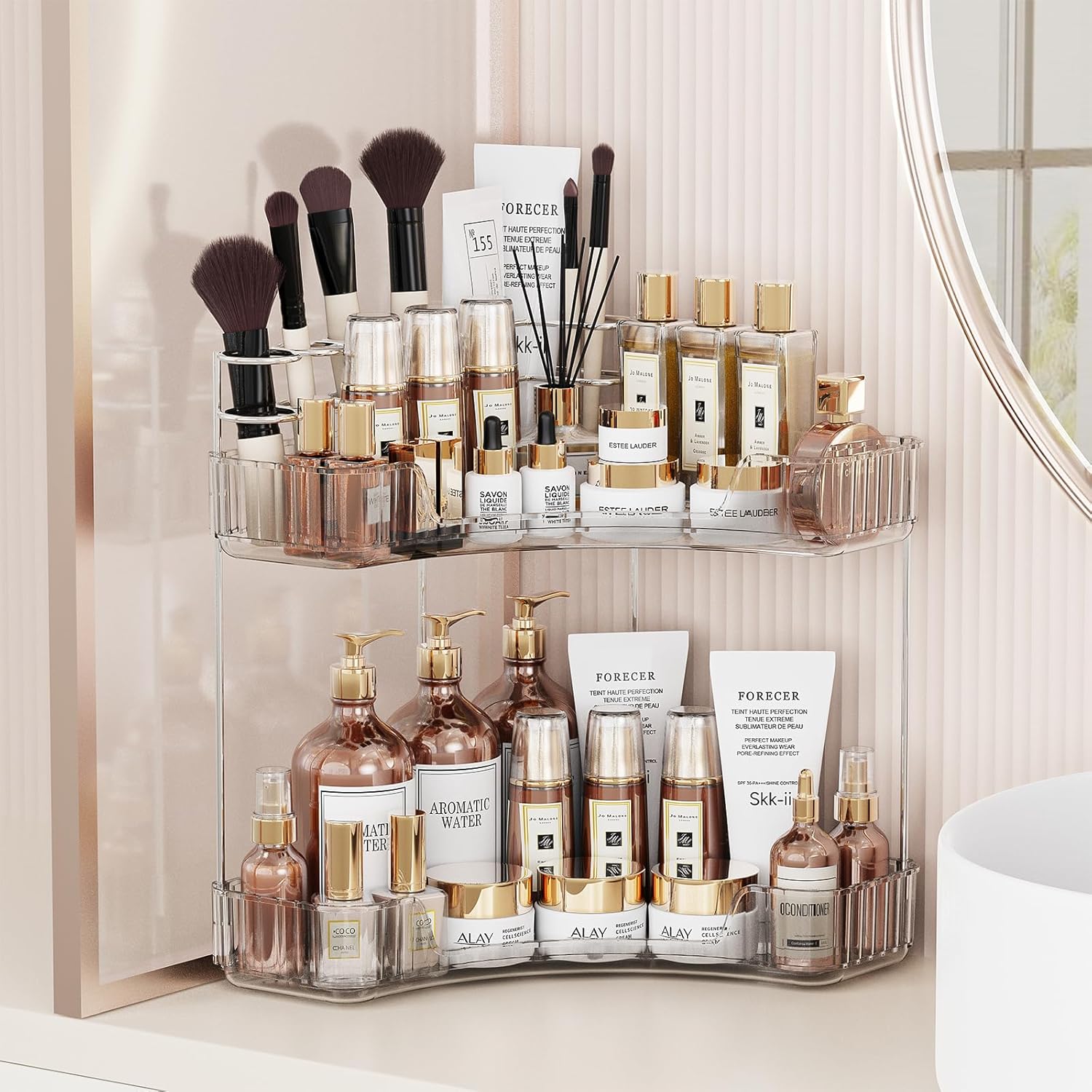 2-Tier Corner Bathroom Counter Organizer with Top Toothbrush Holders,Large Makeup Organizer Countertop with Brush Holder,Skincare Organizers Corner,Exquisite Vanity Organizer(Clear, 2 Tier)