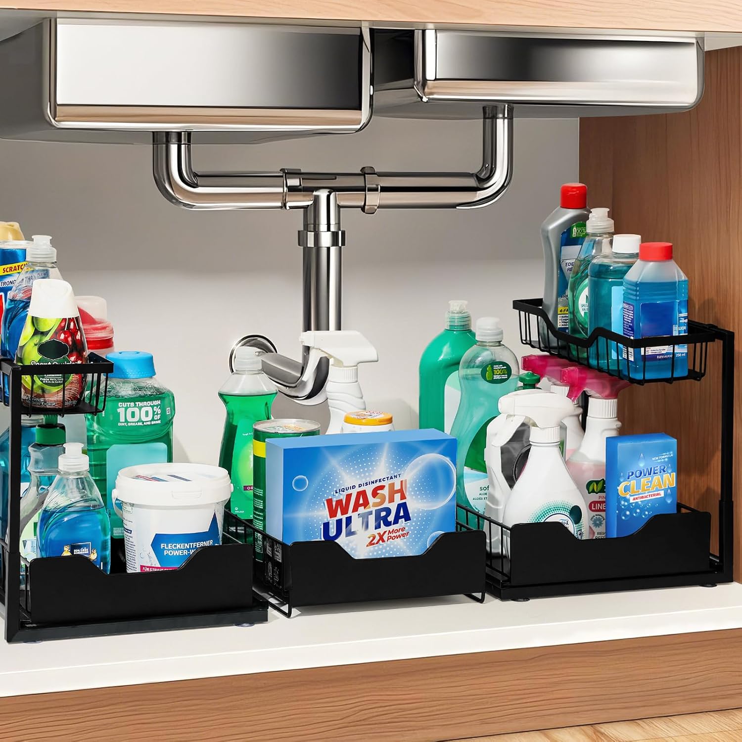 3 Pack, Under Sink Organizer 2-Tier with Slide Out Lower Drawer - Metal Pull Out Cabinet Organizer for Kitchen Bathroom, Includes Removable Center Basket & Storage Shelves, Space Saving Design