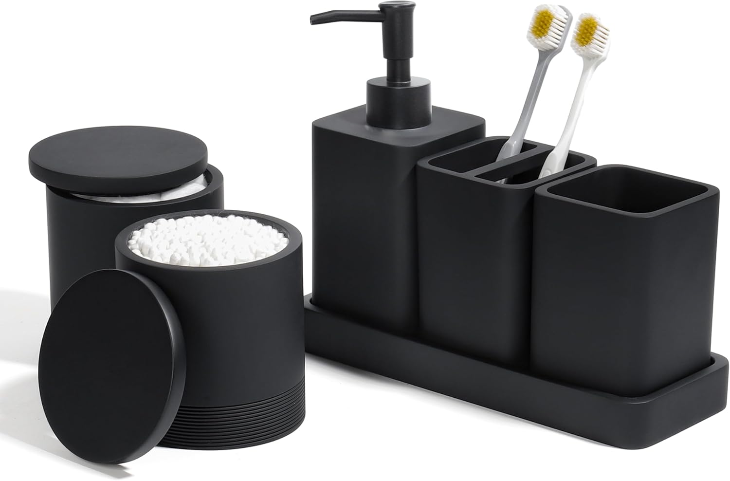 Bathroom Accessories Set, 6 Piece Bathroom Set with Toothbrush Holders, Soap Dispenser, Vanity Tray, Tumbler, Cotton Swab Jars, Bathroom Organizer，Bathroom Sink Sets, Matte Black