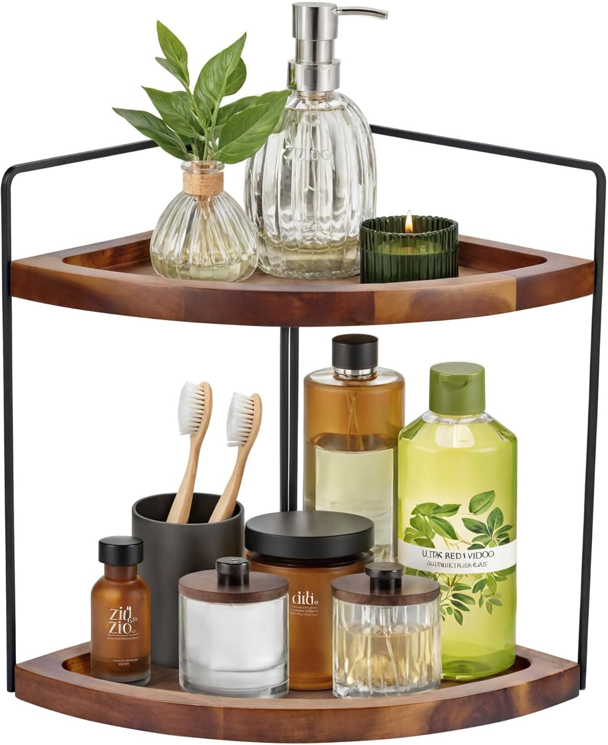 Bathroom Corner Counter Organizer 13.2x9.9 inch, 2 Tier Acacia Wood Organizer Countertop, Corner Storage Shelf Standing Rack, Cosmetic Vanity Tray Kitchen Spice Rack, Bathroom Storage Décor