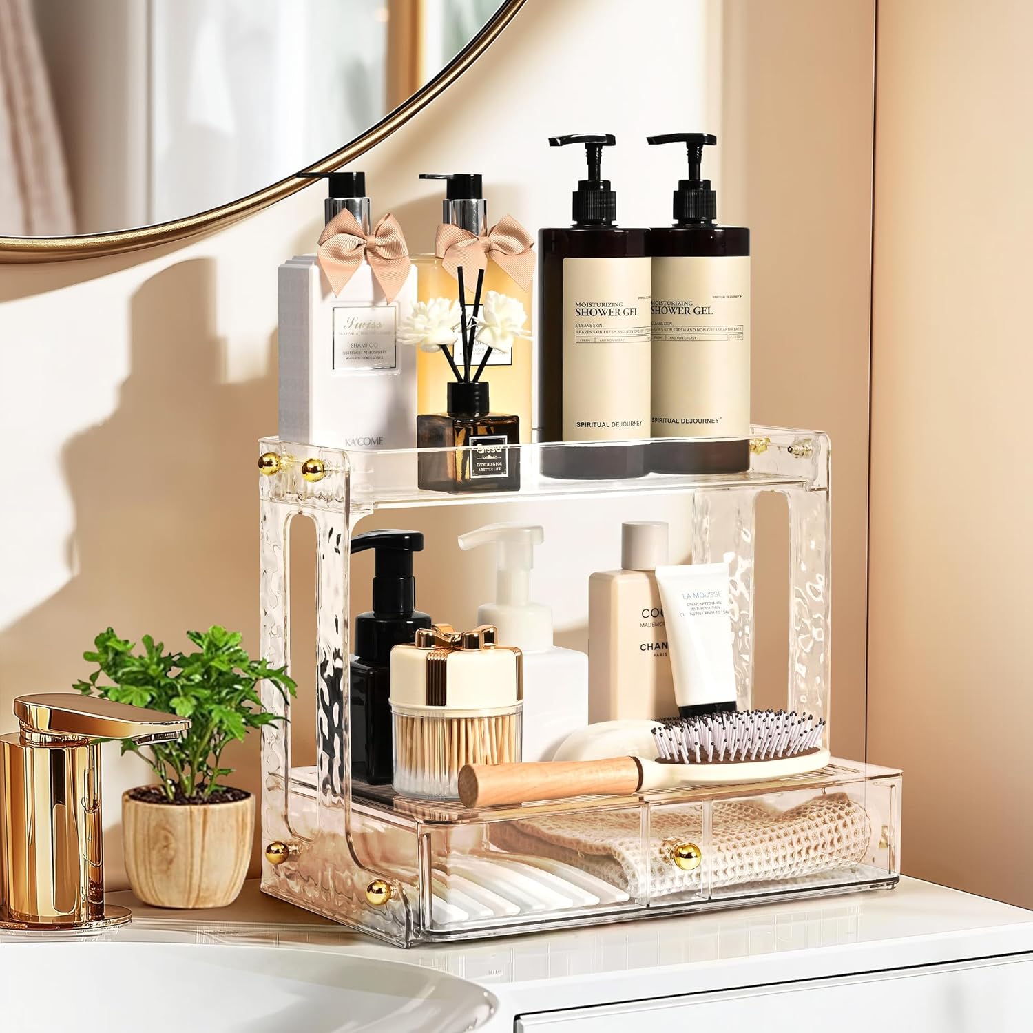 Bathroom Counter Organizer with Drawers, 2 Tier Multi-Function Storage for Cosmetics, Skincare and Perfume, Makeup Organizer Countertop, Ideal for Dresser, Bathroom (Gold）
