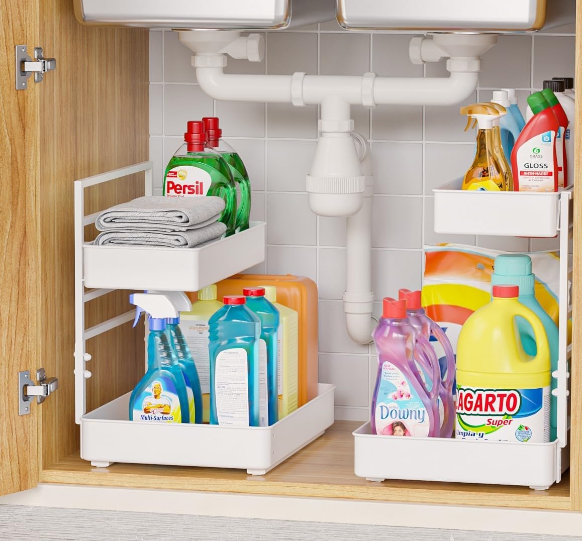 EVERIE Height Adjustable 2 Tier Metal Pull Out Slide Shelf Organizer for Under Sink Cabinets in Kitchen, Bathroom, with Snap-on Top Tray, 16" Deep (White, 2 Sets)