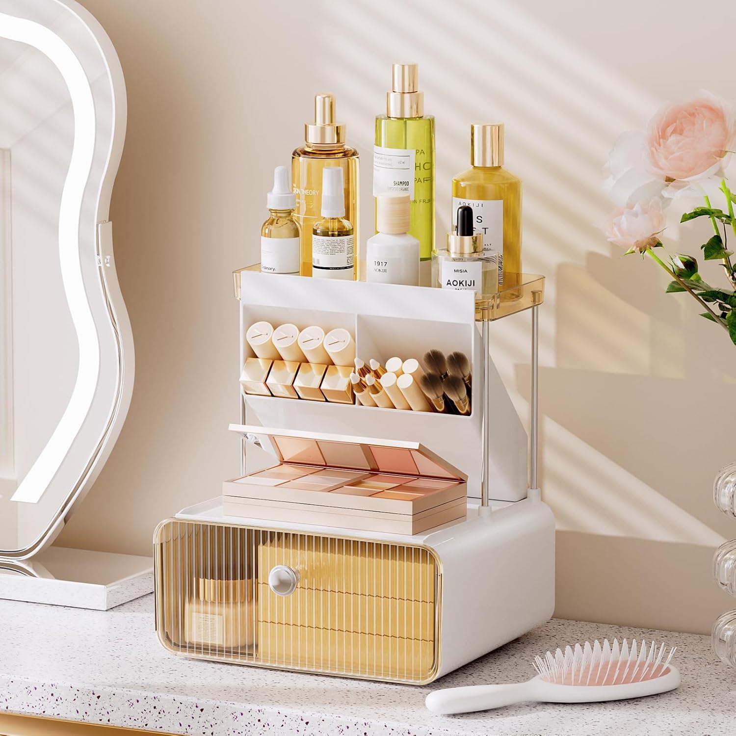 Makeup Organizer Countertop with Big Drawers, Bathroom Counter Organizer with 45° Makeup Brush Holder, Easy Assembly for Skincare & Perfume, Vanity, Dresser, or Sink, Ideal Gift for Women (Amber)
