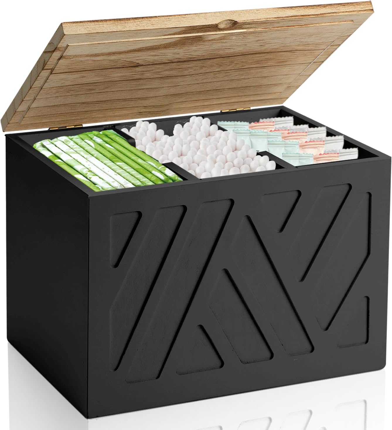 Tampon Holder for Bathroom, Feminine Product Organizer, Pad Organize Case with Lid, Shark Week Wooden Tampon Storage Decor, Lady Girl Stuff Box for Toilet Bathroom Accessories- Black