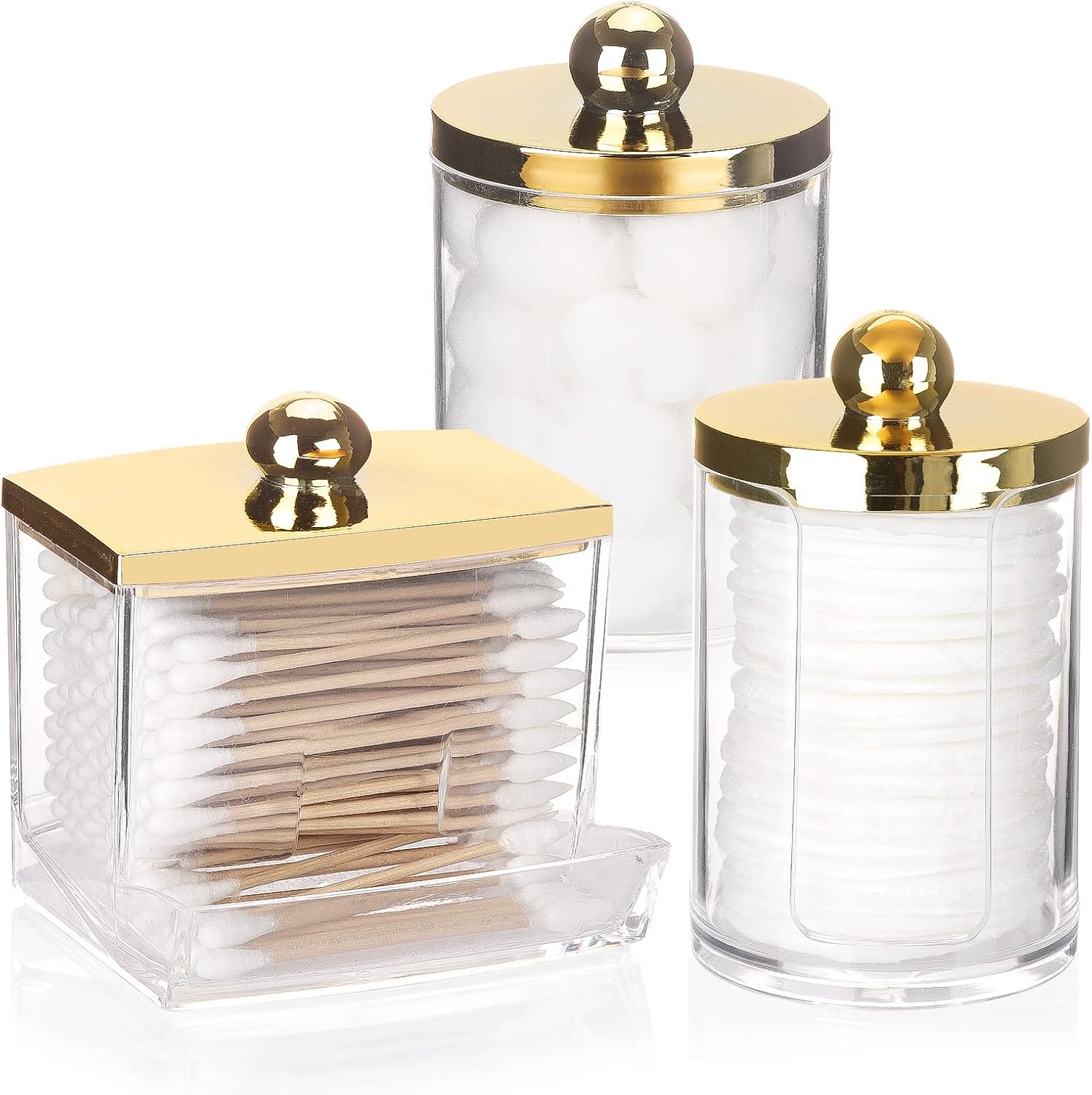 Tbestmax 3 Pack Qtips Dispenser - Bathroom Organizers and Storage Containers, Plastic Apothecary Jars with Gold Lids for Cotton Swab, Cotton Round Pads, Floss - Gold