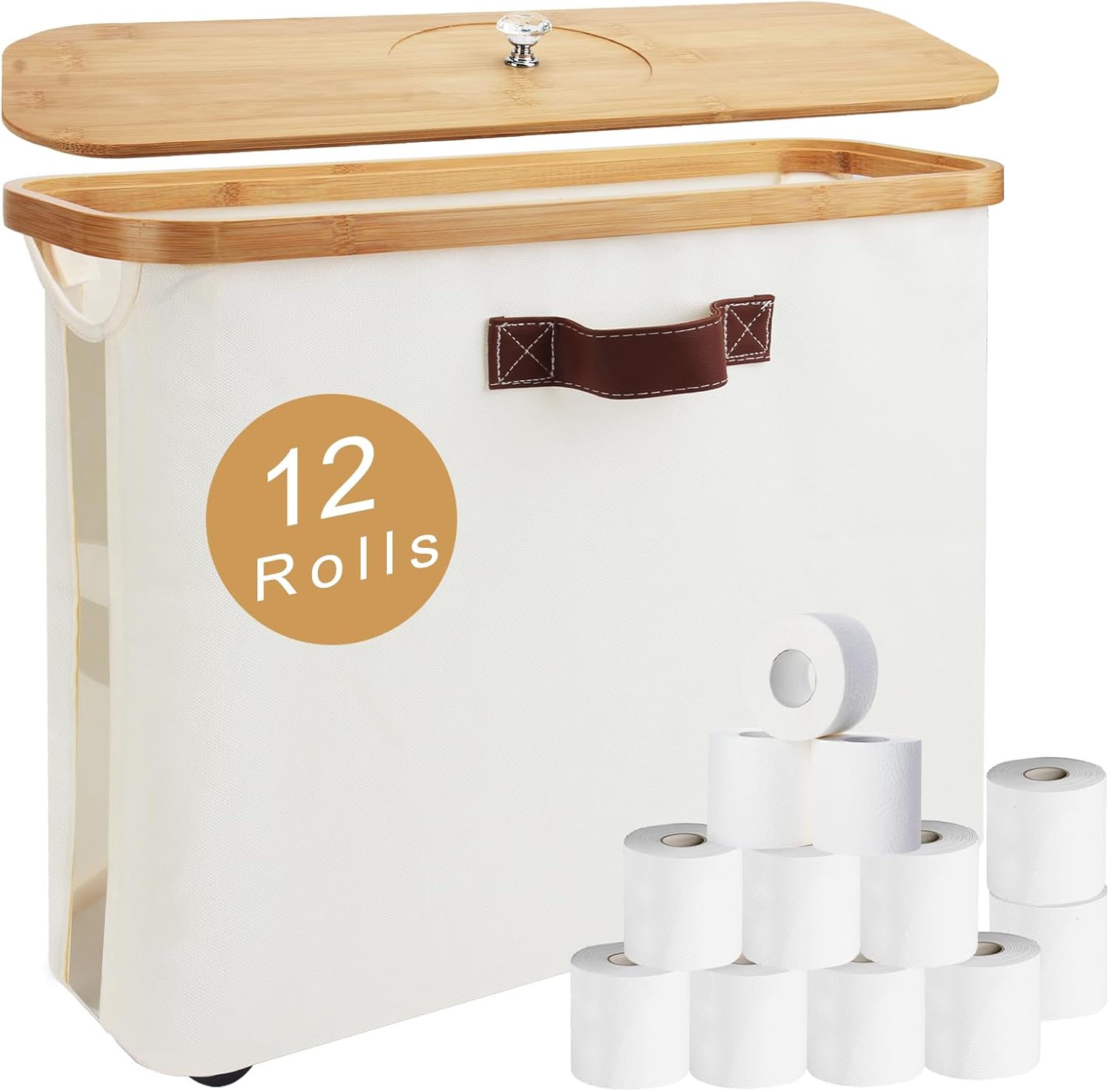 Toilet Paper Storage，Toilets Paper Holder for 12 Rolls,Bathroom Organizer and Storage,Waterproof Basket with Lid and Handle,Beige,1 Pack