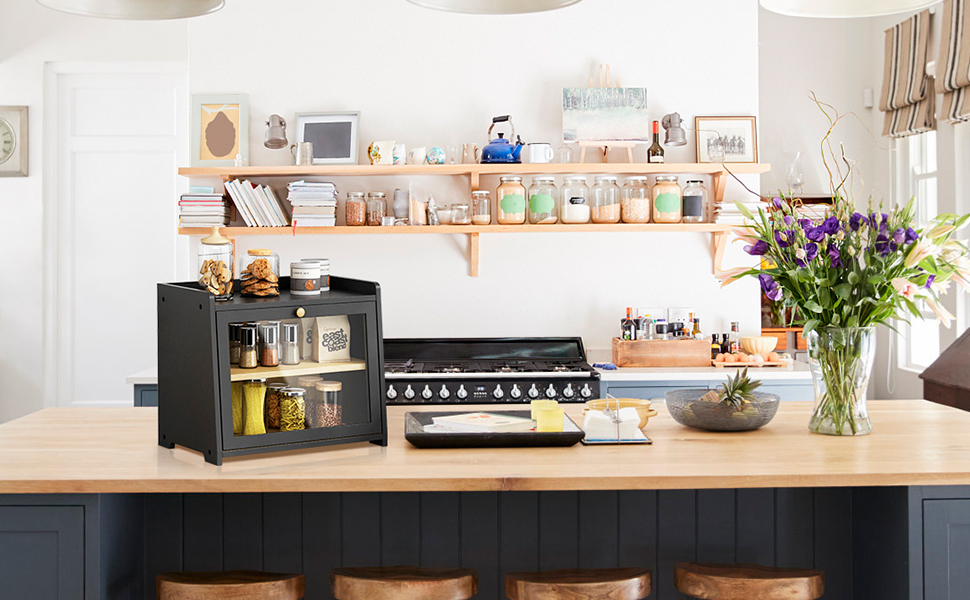 Black Bread Box for Kitchen Countertop