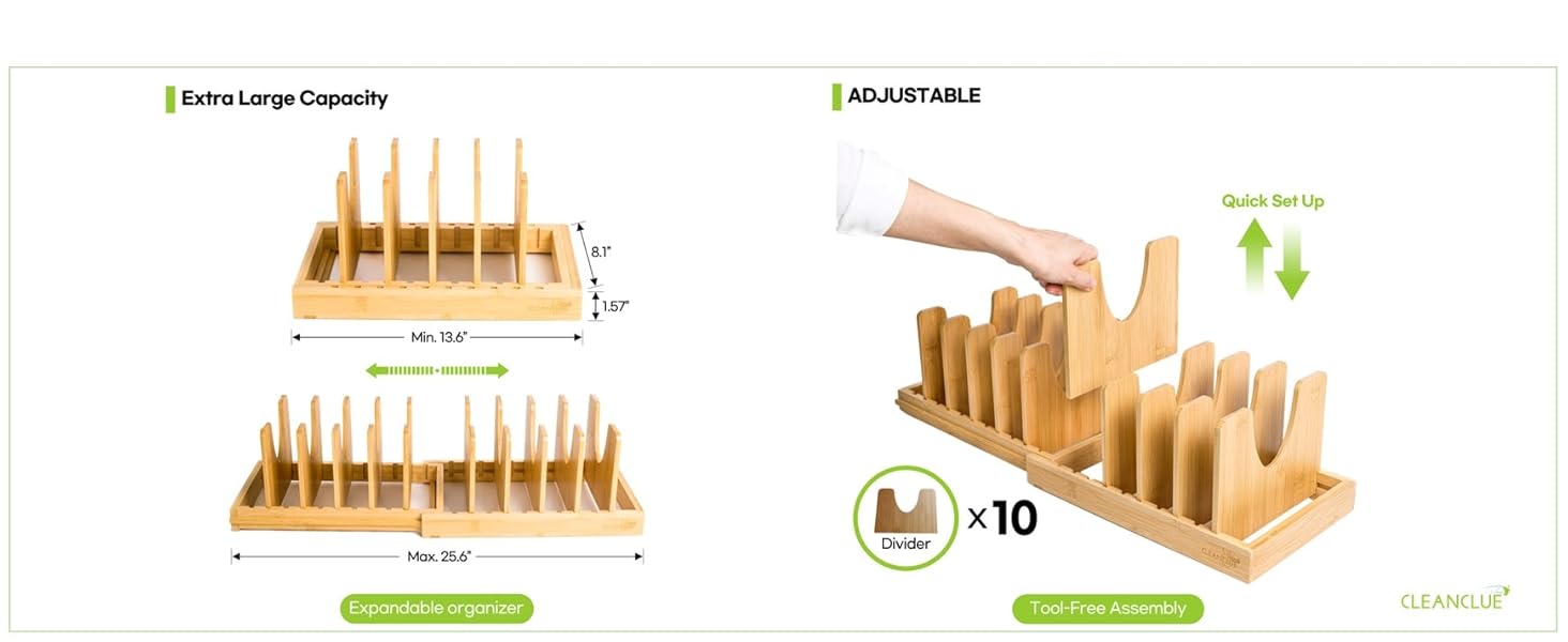 Bamboo Pot and Pan Lid Organizer, Cookie Sheet Baking Pan Tray Organizer inside Kitchen Cabinet Rack