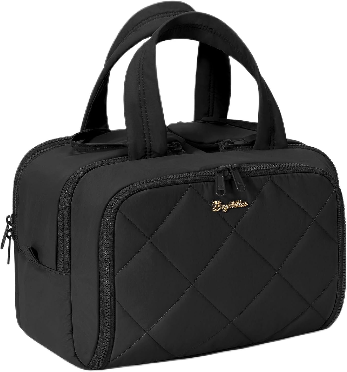 Travel Toiletry Bag, Large Wide-open Puffy Toiletry Bag for Women, Lightweight Quilted Makeup Bag Cosmetic Organizer with Handle Water-resistant Travel Essentials for Toiletries Accessories Black