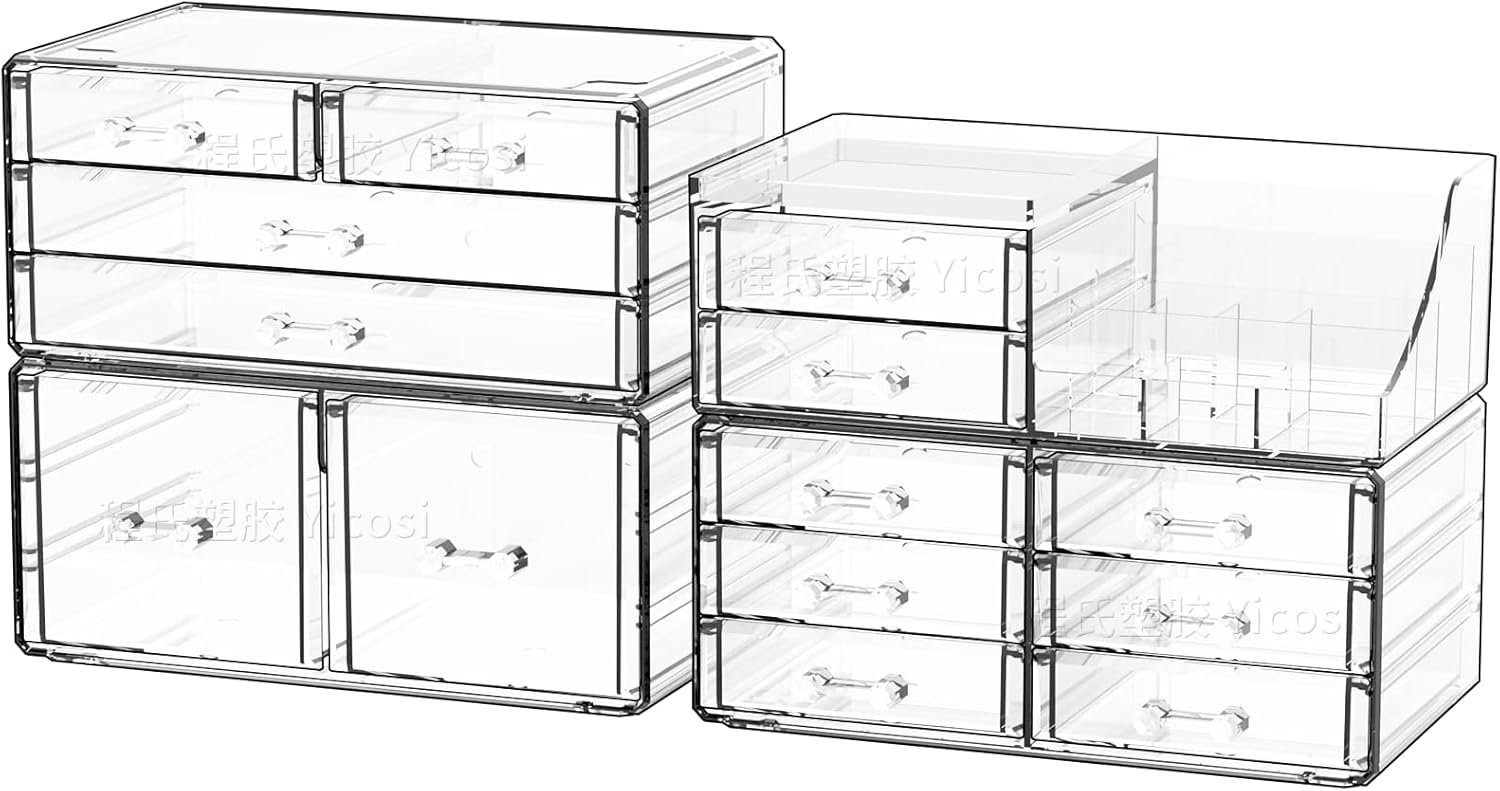 Cq acrylic Make Up Organizers for Vanity With 14 Drawers, 4 Pack Clear Drawer Organizers,Plastic Cute Desk Accessories Organization and Bathroom Organizers Storage Case Box Cube for Beauty,Skin Care