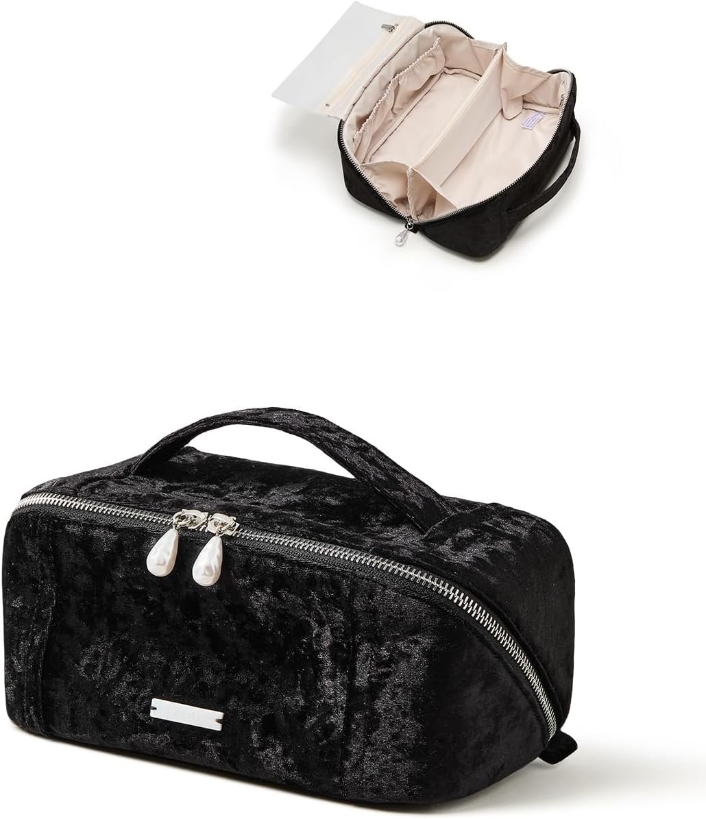 EACHY Travel Makeup Bag,Velvet Cosmetic Bag for Women,Portable 180°Wide-Open Flat Toiletry Bag,Large Capacity Makeup Pouch Make up Organizer with Divider and Handle