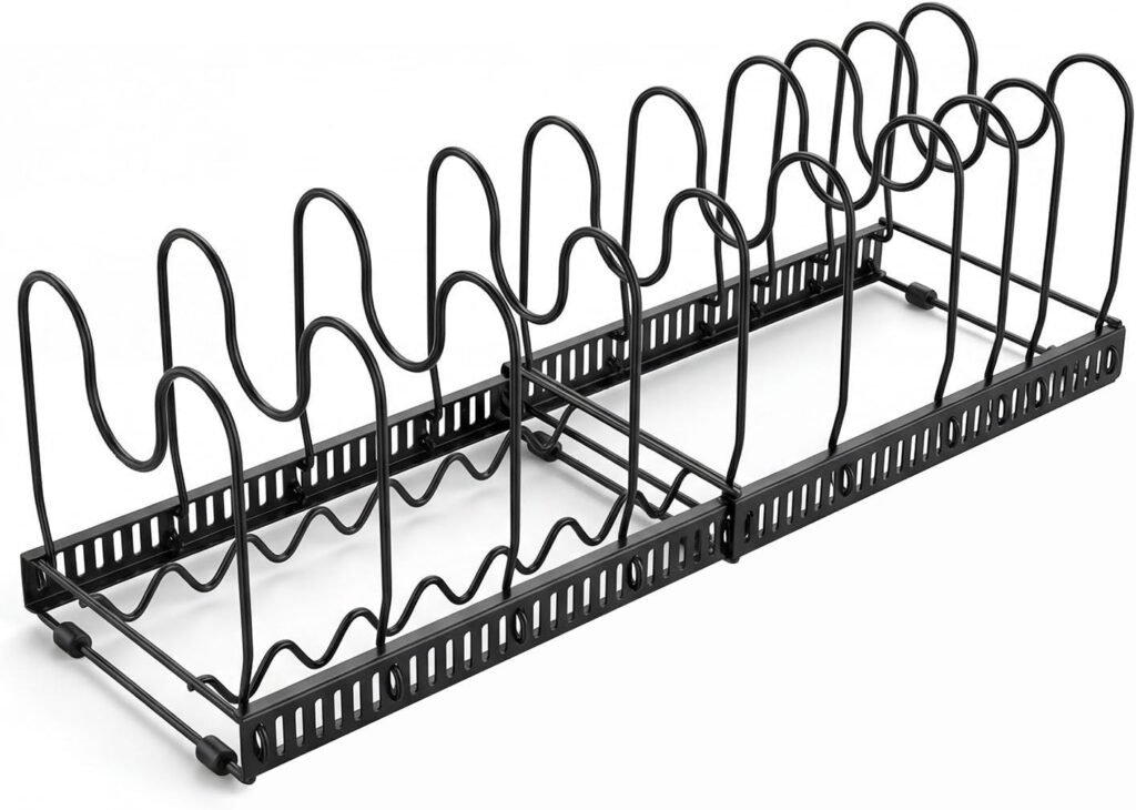 Expandable Pot Rack Organizer for Cabinet, Wave Slot Carbon Steel Pot & Pan Holder with 10 Adjustable Slots, Heavy Duty Cookware Storage for Pans, Lids, Bakeware, Countertop or Under Sink, Black
