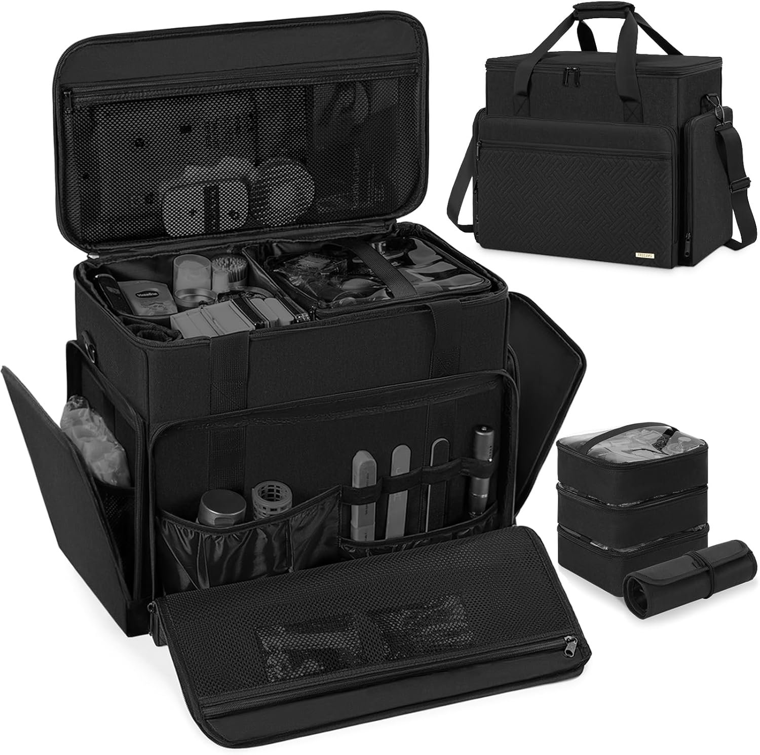 Extra Large Makeup Case with 4 Removable Pouches, Professional Make up Train Case, Travel Cosmetic Bag for Makeup Artist with Shoulder Strap and Handle (Black)（Bag only）