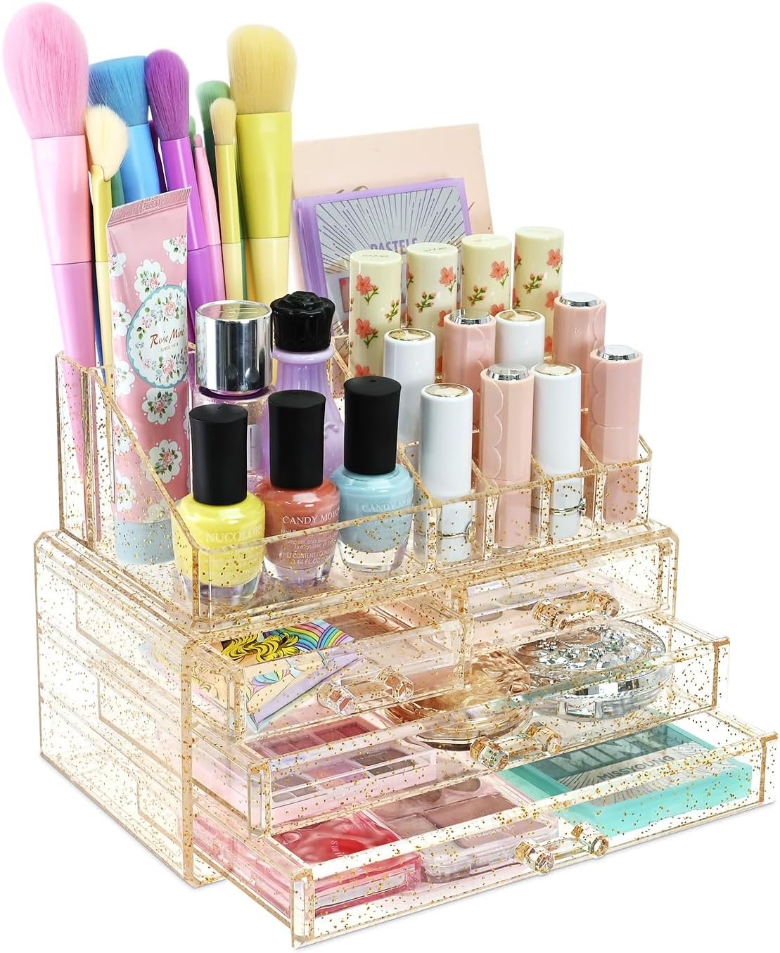 Ikee Design Acrylic Makeup Organizer with 4 Drawers Removable Top Lipstick Holders, Cosmetics Organizer for Skincare, Accessories, Lip Gloss for Vanity or Bathroom Countertop, Gold Glitter