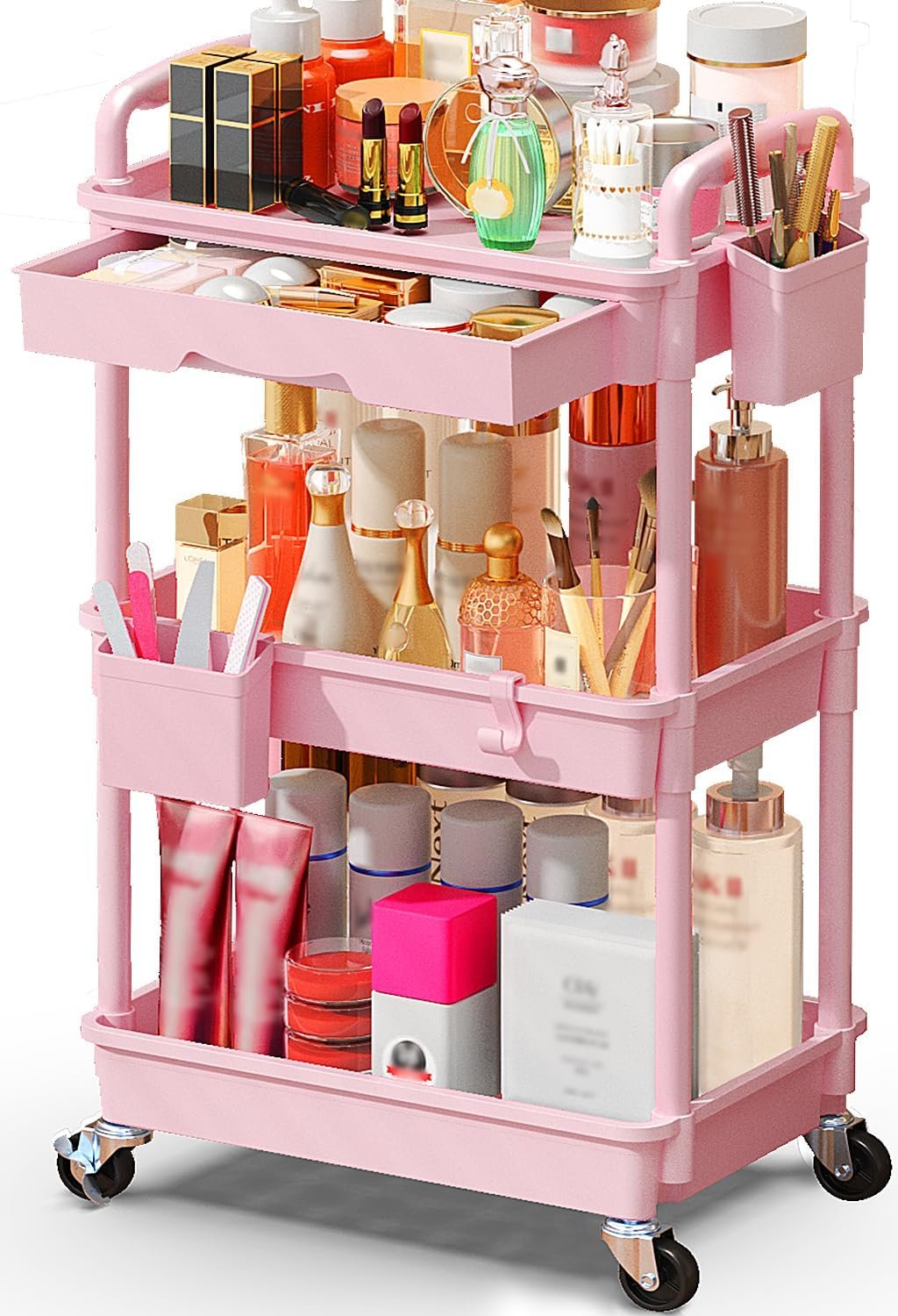 Makeup Cart Organizer with Drawers, Floor Skincare Organizers Vanity Storage Organizer, Rolling Makeup Bathroom Storage Cart Cosmetics Display Cases for Skin Care Perfume Nail Polish, Pink