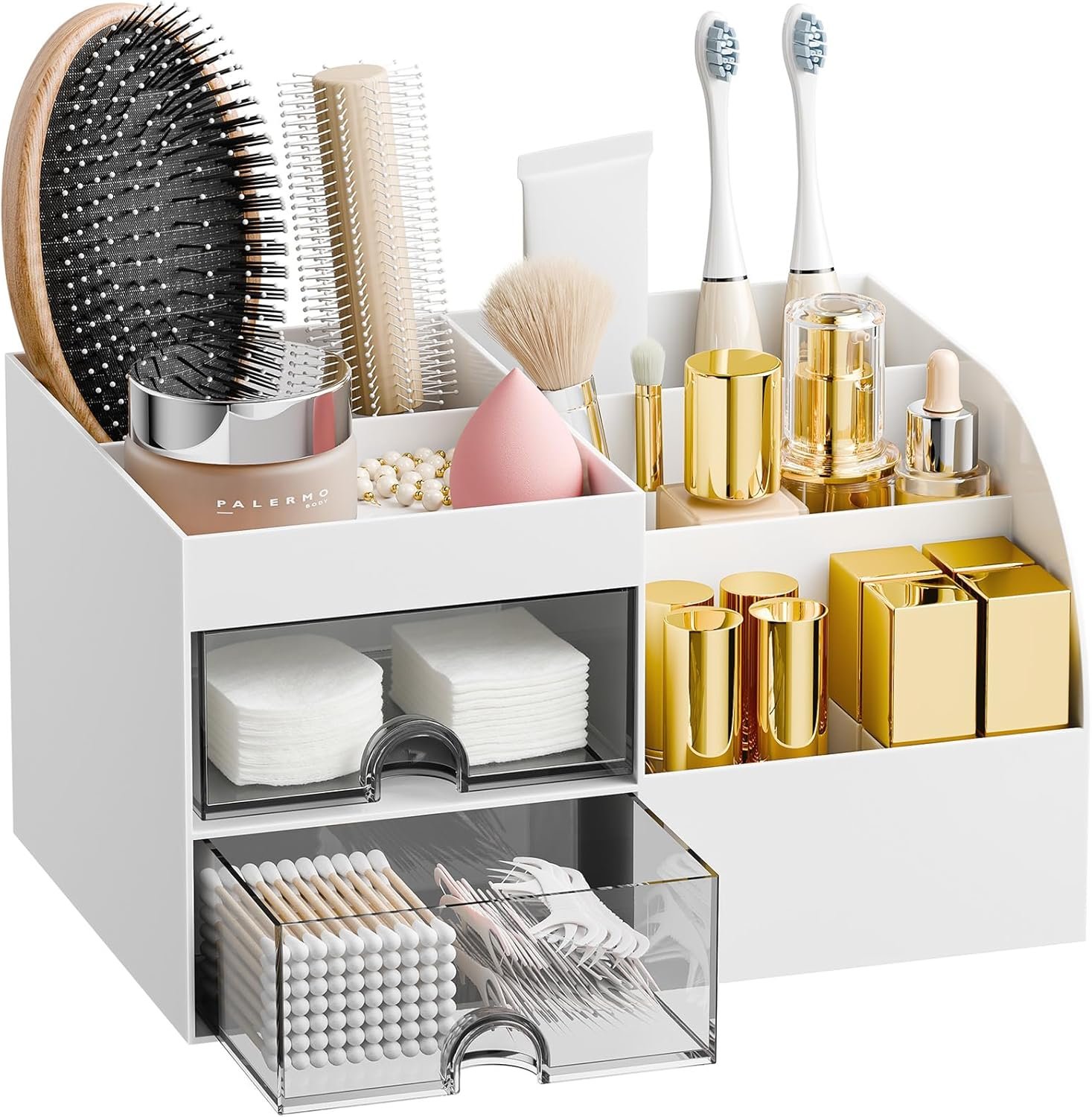 Makeup Organizer with 2 Drawers, Makeup Organizers Countertop for Vanity and Bathroom, Make up organization and Skincare Storage with Brush Holder, for Dresser, Desktop, Cosmetic Display Case (White)