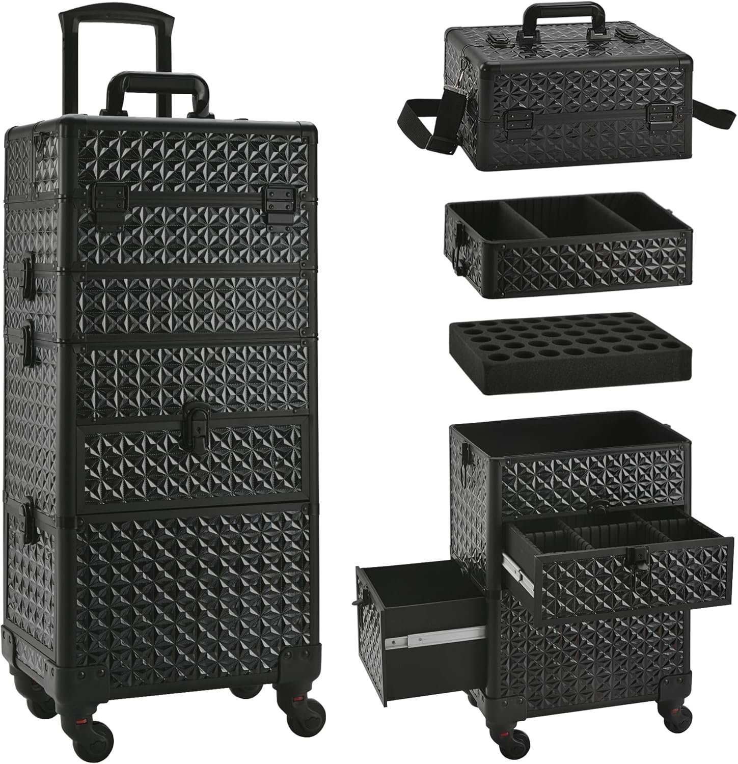 Makeup Train Case with Drawer, Rolling Makeup Case, Cosmetology Case on Wheels, Gift, Large Makeup Case Organizers, Professional for Salon Barber, Nail, Tattoo, Black