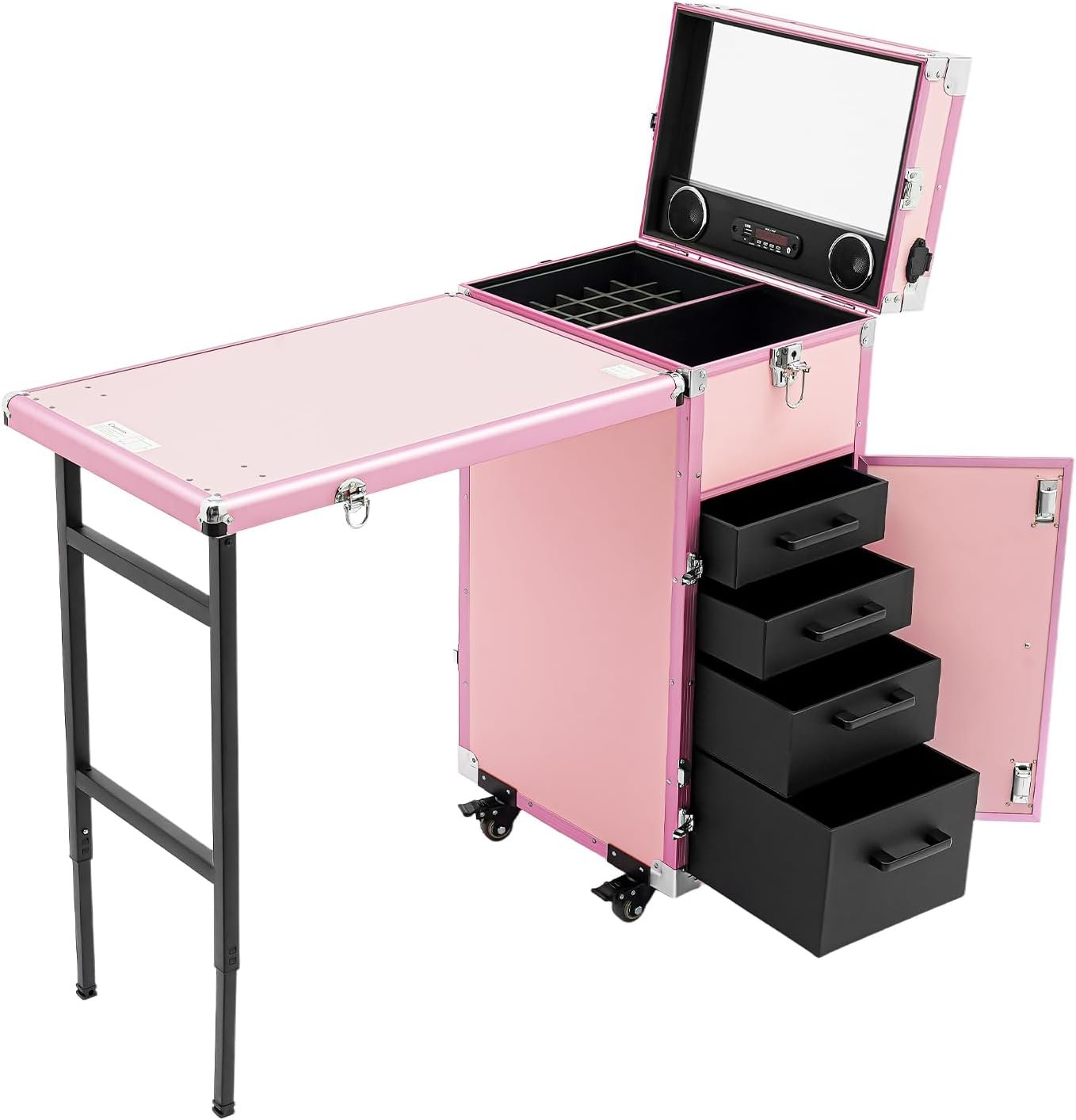 Portable Manicure Table Nail Foldable Nail Tables Travel Cosmetic Trolley Storage Organizer with 4 Drawers Mirror & Speaker Pink Artist Travel Organizer