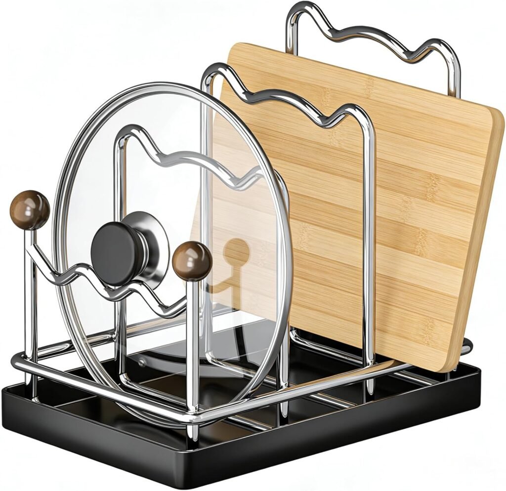 Pot Lid Organizer Cutting Board Holder with Removable Tray, 3-Slot Kitchen Pot Lid Storage Rack Chopping Board Holder for Countertop, 8.2 x 5.1 x 7.2 in, Black