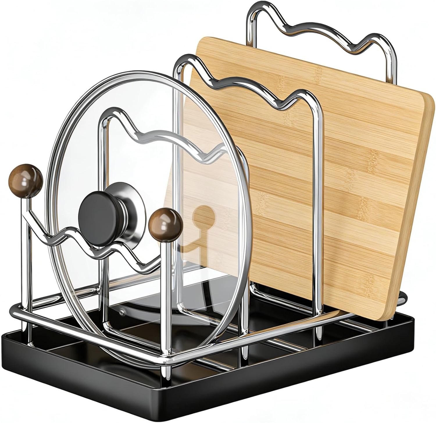 Pot Lid Organizer Cutting Board Holder with Removable Tray, 3-Slot Kitchen Pot Lid Storage Rack Chopping Board Holder for Countertop, 8.2 x 5.1 x 7.2 in, Black