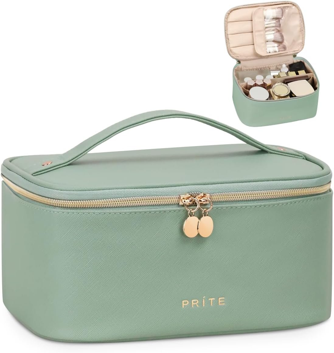 Prite Makeup Bag, Large Capacity Portable Travel Cosmetic Bag, Waterproof Makeup Organizer for Women with Handle and Divider (001 Green)