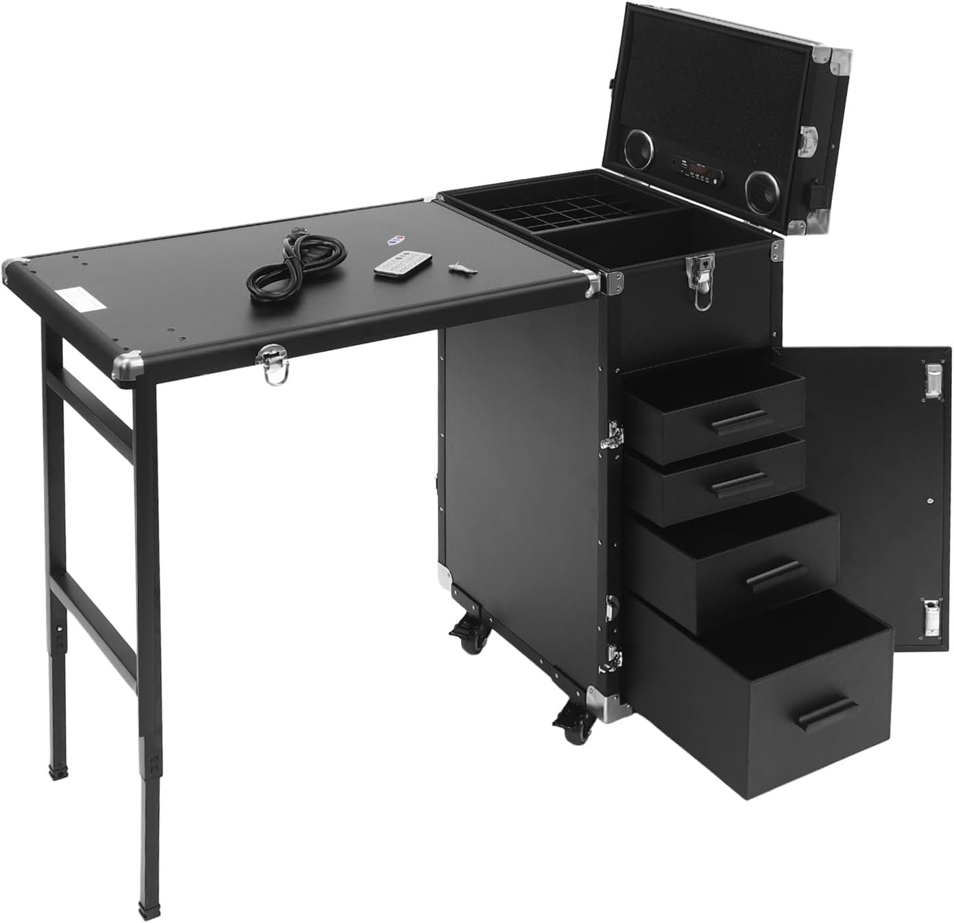 Professional Rolling Travel Nail Desk, Foldable Nail Table Travel Cosmetic Trolley Storage Organizer with 4 Drawers Mirror & Speaker Black Manicure Table Artist Travel Organizer