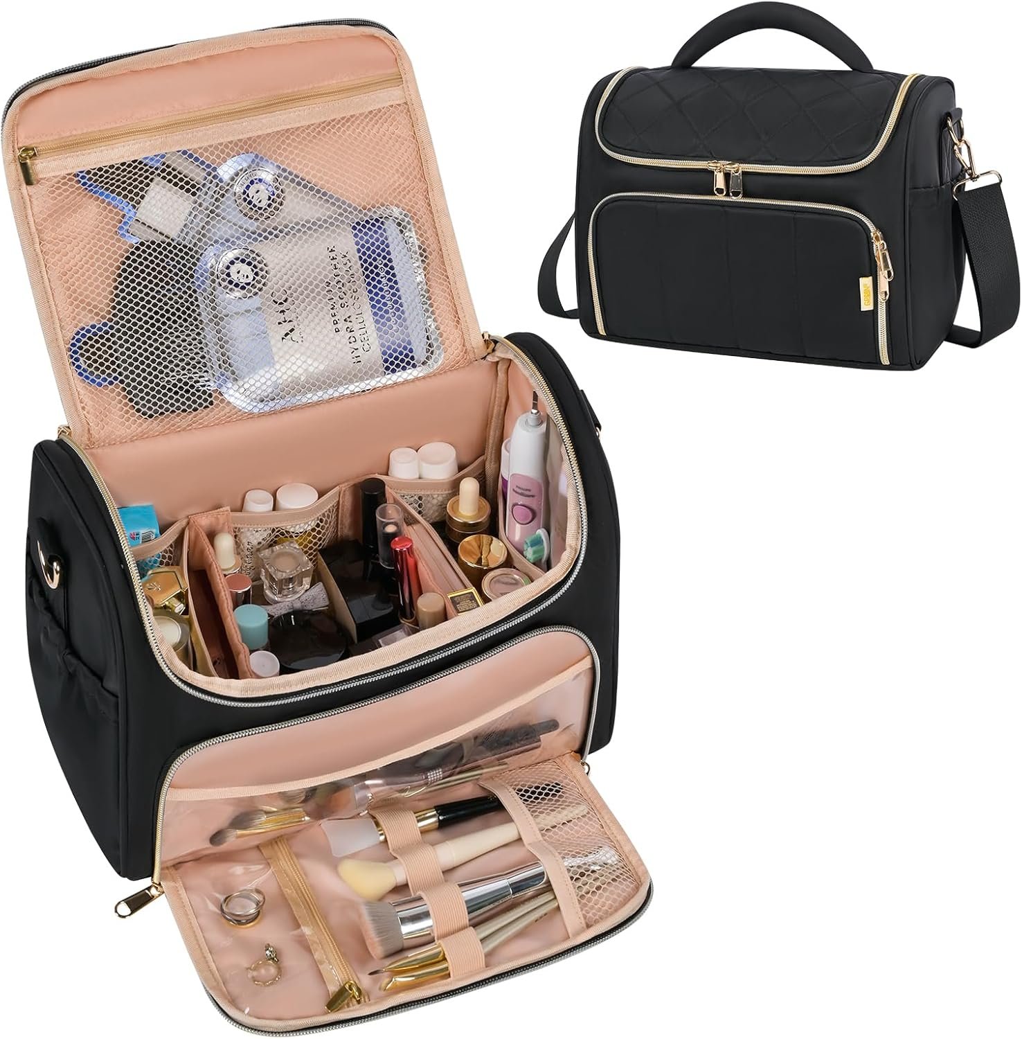 Travel Toiletry Bag Large Cosmetic Makeup Bag Organizer for Women,Wide-open Make Up Bag Waterproof Makeup Case Travel Bag with Handle and Dividers for Toiletries,Essentials,Accessories,Black