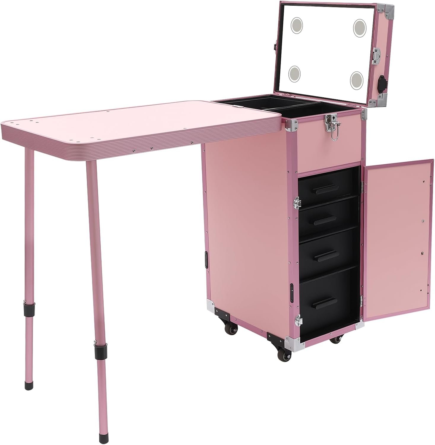 Upgraded Rolling Makeup Case, Foldable Nail Tables Travel Cosmetic Trolley Storage Organizer with 4 Drawers Mirror Pink Nail Table Large Storage Makeup Organizer