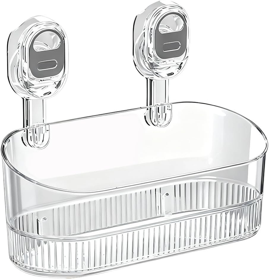 2026 New No-Drill Bathroom Suction Storage Box, Large Capacity Strong Load-Bearing Suction Cup Storage Rack with Drain Holes, Removable Shower Caddy Hanging Wall Mount Kitchen Organizer (1, Clear)