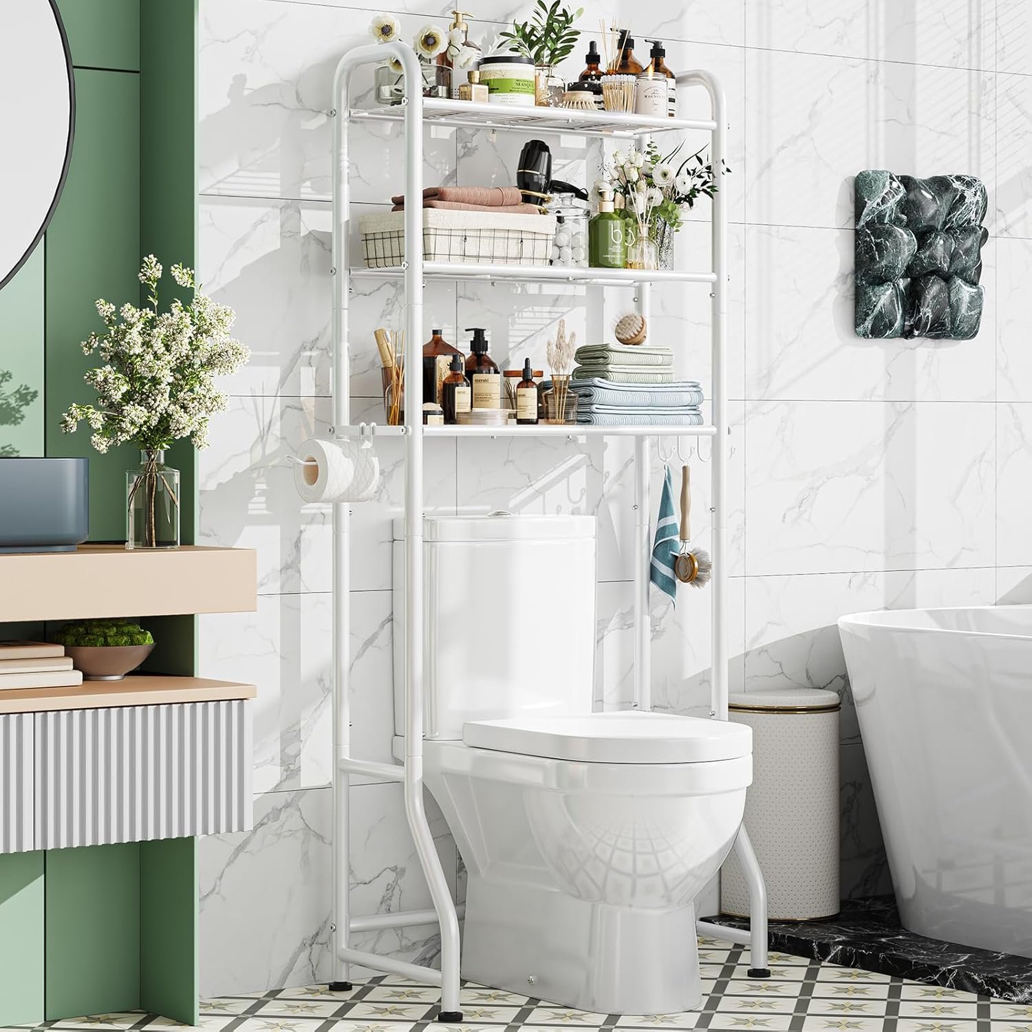 Simple Trending Over The Toilet Storage Rack, Metal 3 Tier Bathroom Organizer Shelf with Paper Holder and 3 Hooks, Freestanding Shelf Space Saver Above Toilet, White