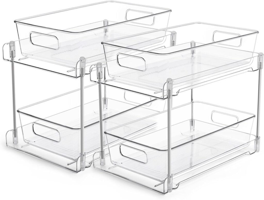 Vtopmart 2 Tier Bathroom Storage Organizer, 2 Pack Clear Under Sink Organizers Vanity Counter Container, Cabinet Drawers Bins, Pull-Out Organization with Track for Pantry, Kitchen