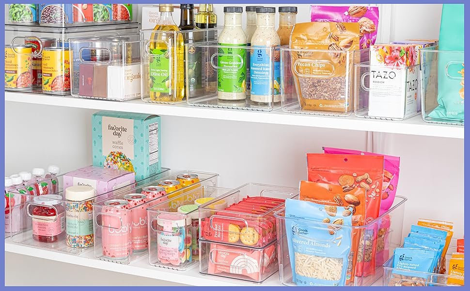 Set of transparent storage bins stacked to show space-saving design.