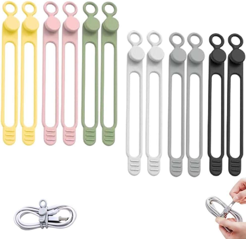 Data Cable Organizer, 2025 New Elastic Silicone Cable Straps Cord Organizer, Reusable Cable Ties Wire Organizer for Bundling and Fastening Earphone, Phone Charger (12 Pcs)