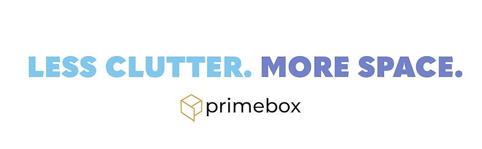 Primebox logo and organized storage bins with tagline Less Clutter More Space