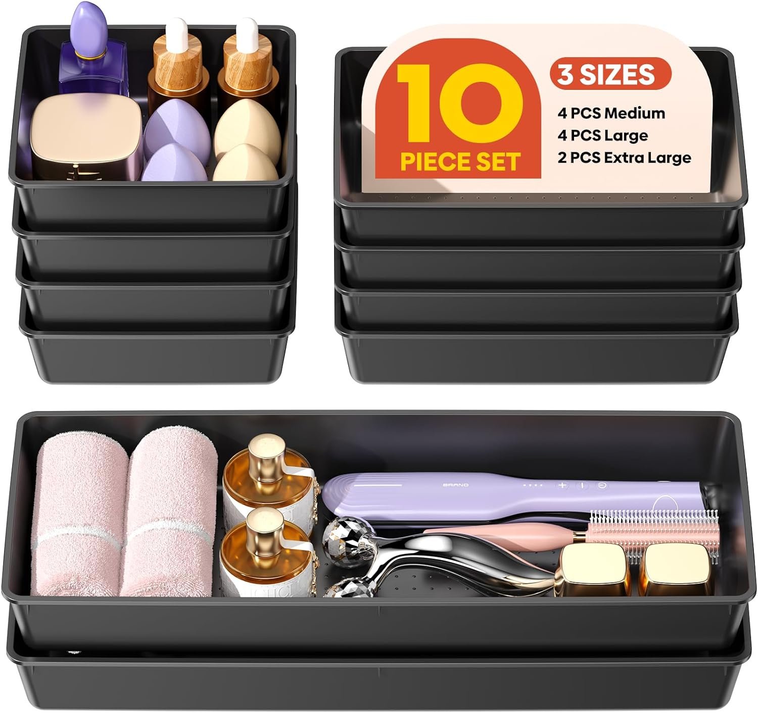 10 Pack Large Size Plastic Drawer Organizers Set, 3 Sizes Desk Drawer Organizer Trays, Storage Bins for Vanity, Makeup, Bathroom, Kitchen Utensils and Office (Black)