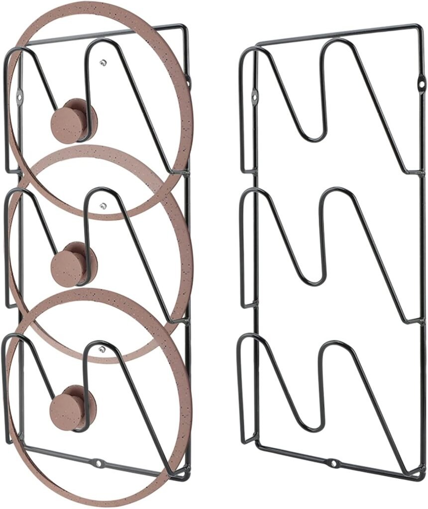 2-Pack Pot Lid Organizer, 3-Tier Vertical Rack, Cabinet Wall Mount, No-Drill Adhesive Storage, Space-Saving Kitchen Organization, Black